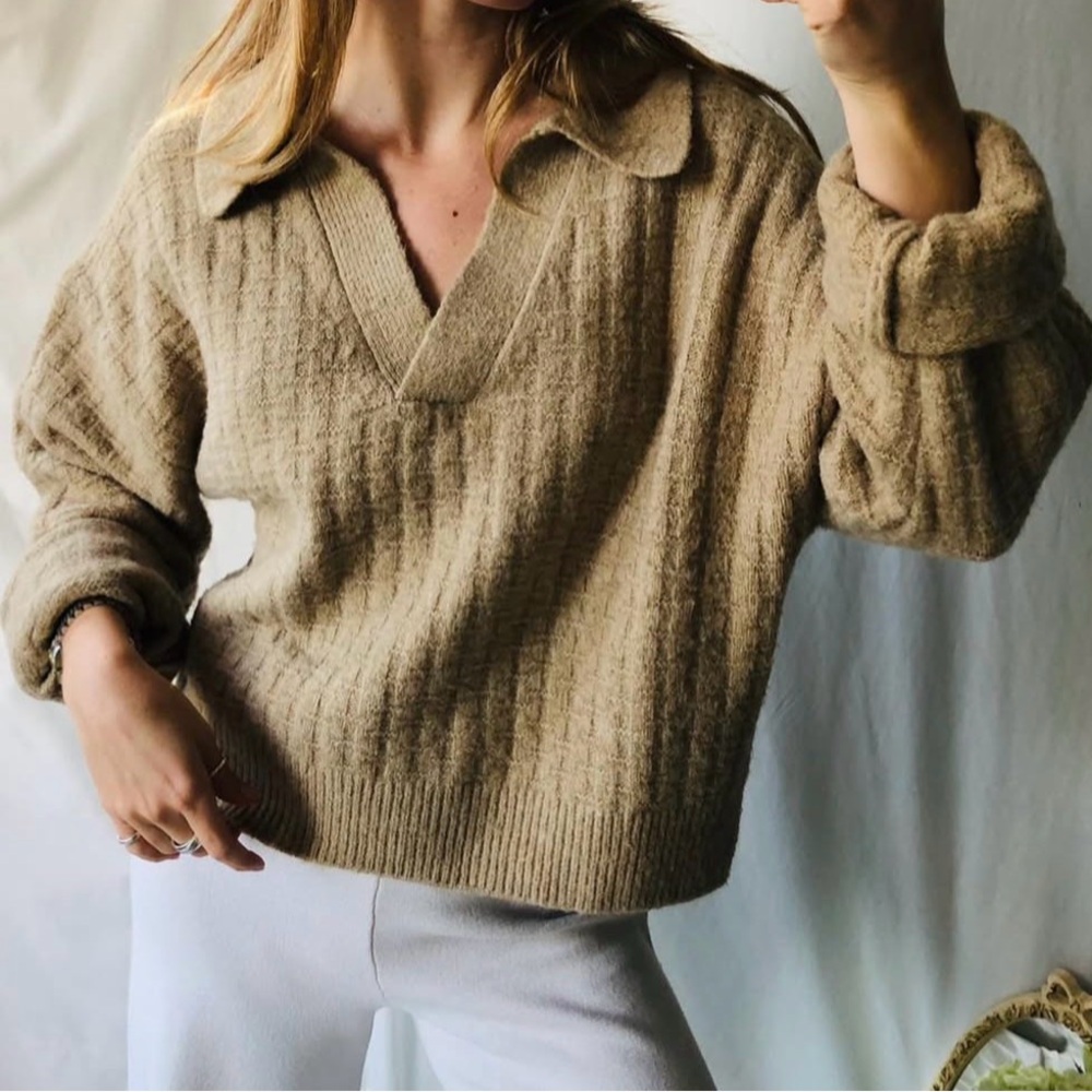 Zara Tan Ribbed Collared Knit Sweater
